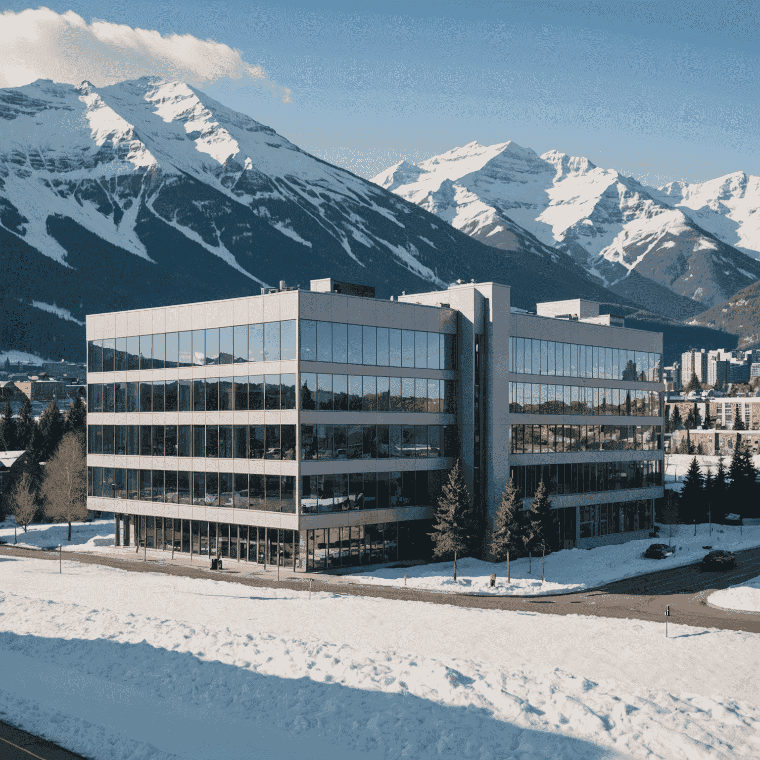 A panoramic view of a modern office building nestled in a Canadian urban landscape, with snow-capped mountains visible in the background. The building has large windows reflecting the cityscape, and a subtle Northern Slots Club logo is visible near the entrance.