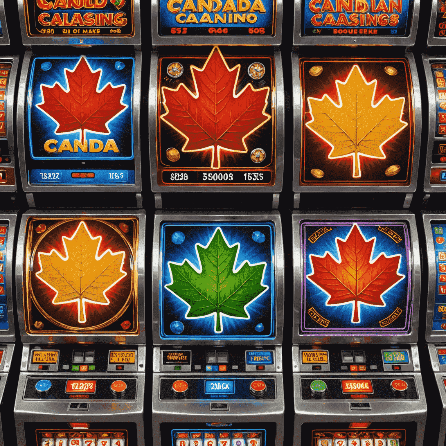 Five slot machines with Canadian maple leaf symbols on the reels, representing popular social casino games for Canadian players