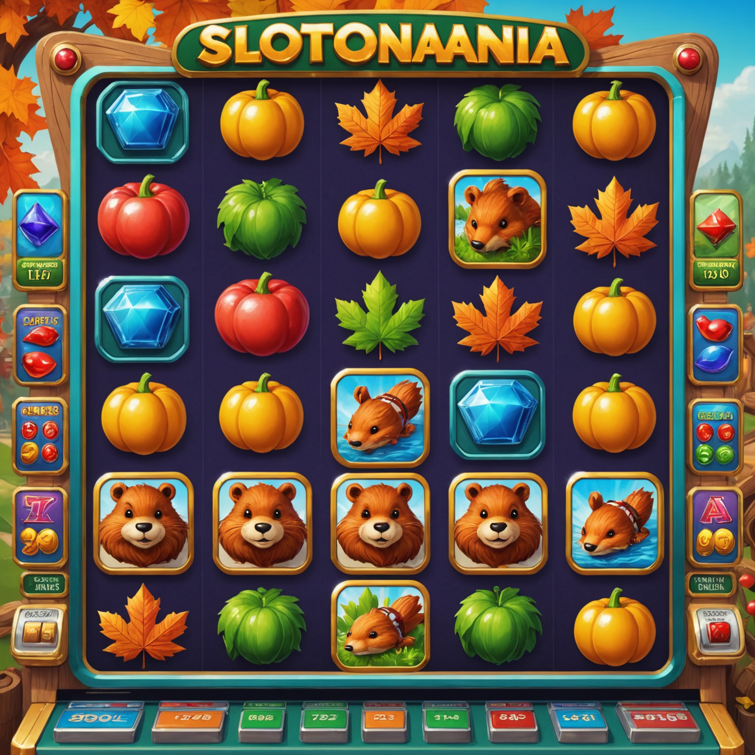 Screenshot of Slotomania featuring colorful slot machines with Canadian-themed symbols like maple leaves and beavers