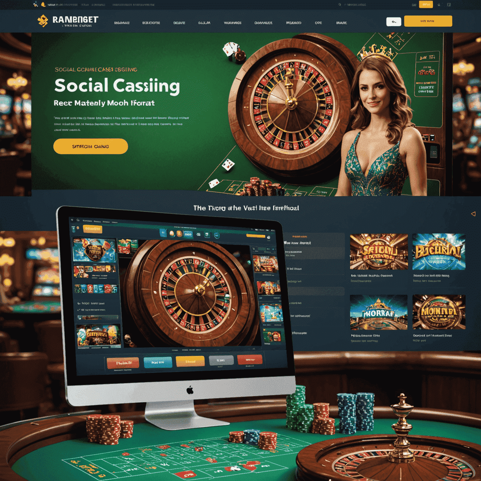 Split image showing a social casino interface on one side and a real money gambling platform on the other, highlighting the visual differences between the two types of online gaming experiences