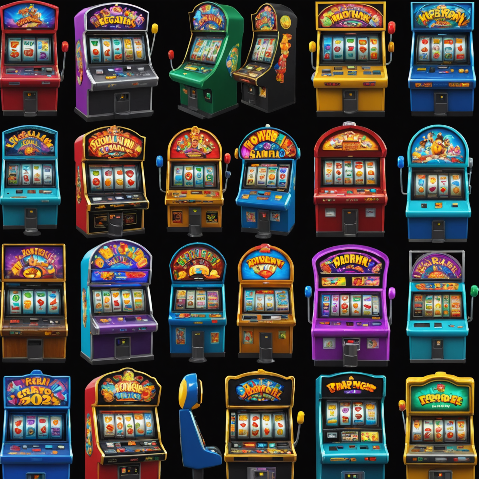 A collage of colorful virtual slot machines with animated characters and bonus features, showcasing the vibrant world of social casino games