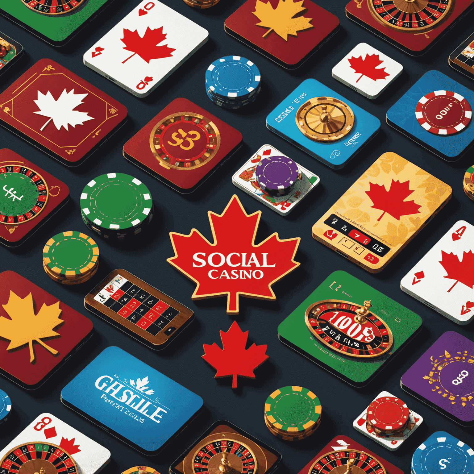 A collage showing various social casino games on mobile devices, with Canadian maple leaf symbols integrated into the game designs
