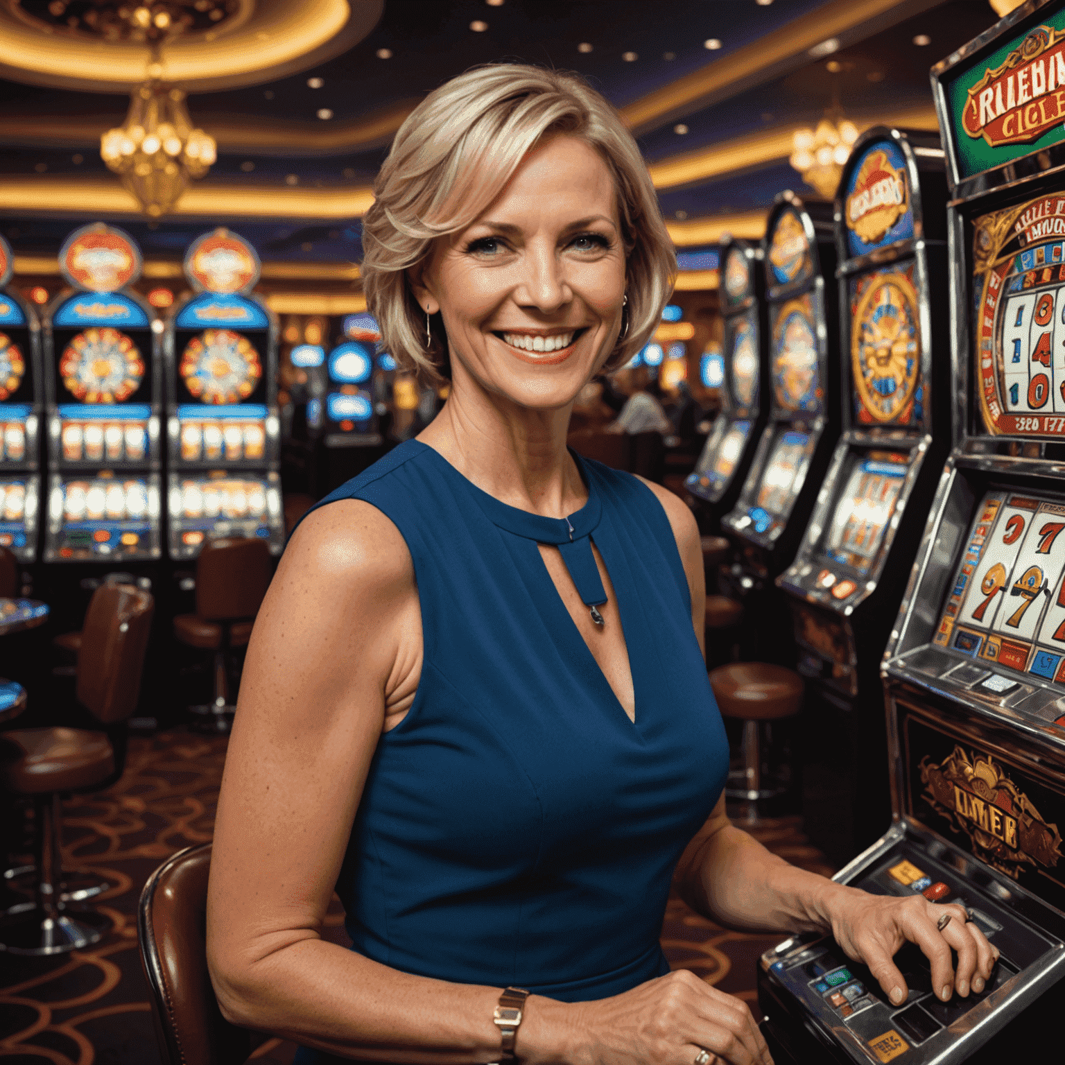 Sarah Thompson, a middle-aged woman with short blonde hair, smiling while playing a slot machine in a virtual casino environment