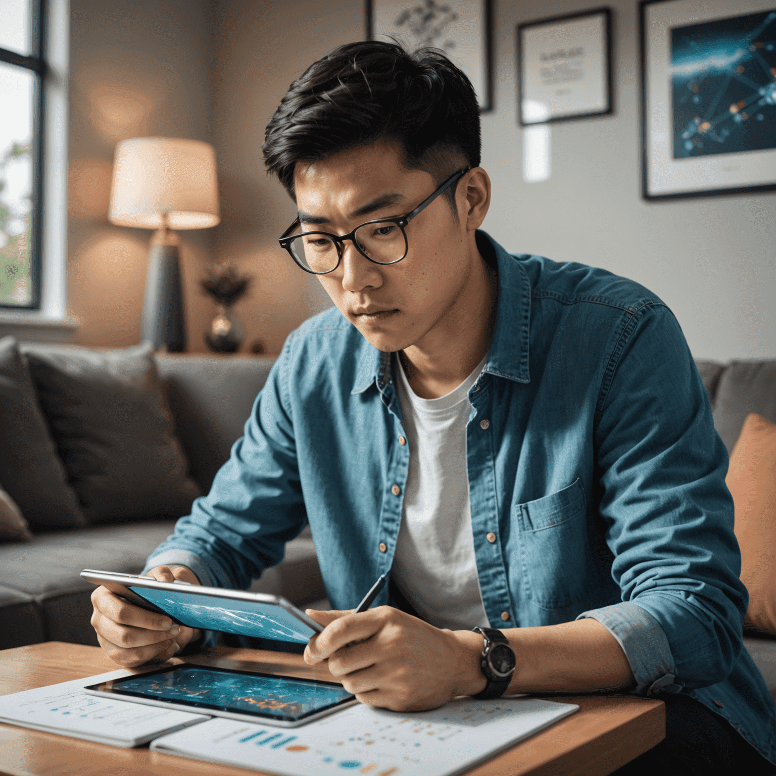 Mike Chen, a young Asian man wearing glasses, intently studying game statistics on a tablet in a modern living room