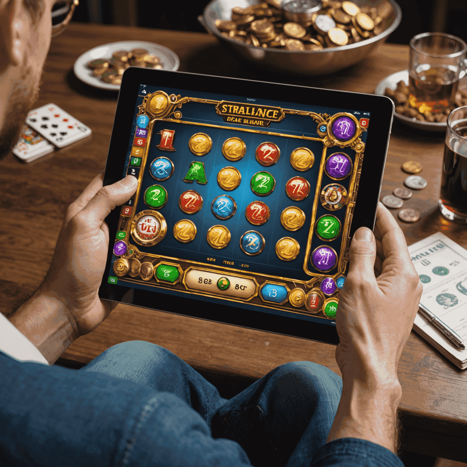 A person playing a virtual slot game on a tablet, with strategy tips and coin balance displayed around the screen
