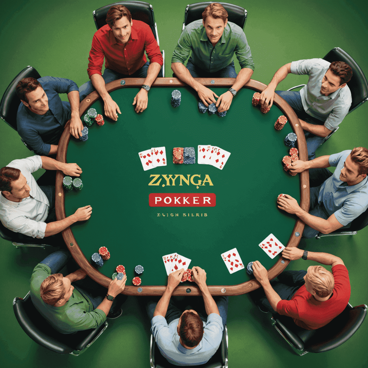 Zynga Poker table with players represented by avatars, chips, and cards on a green felt background