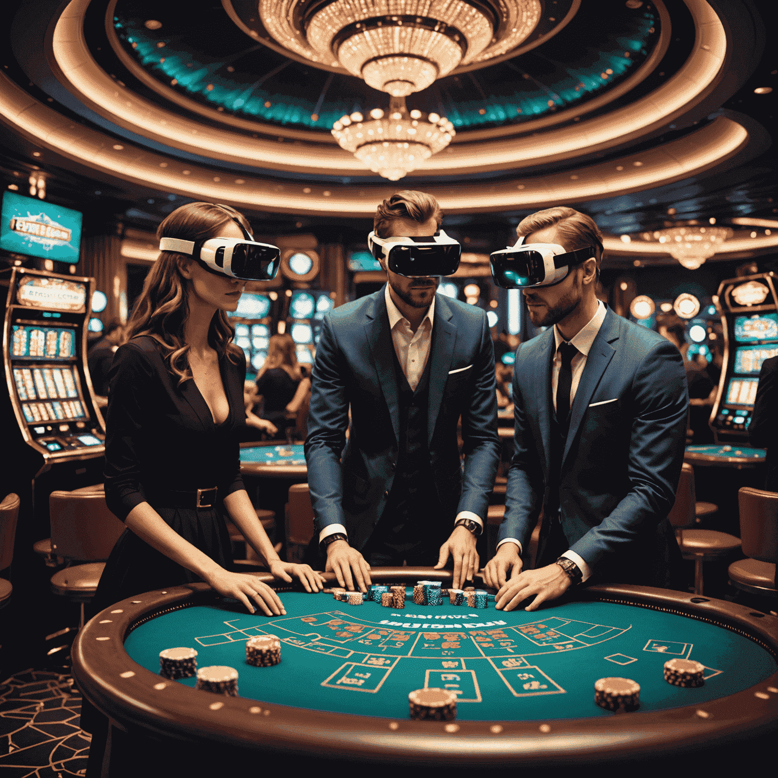 A futuristic rendering of a virtual reality social casino experience, with players interacting in a 3D environment