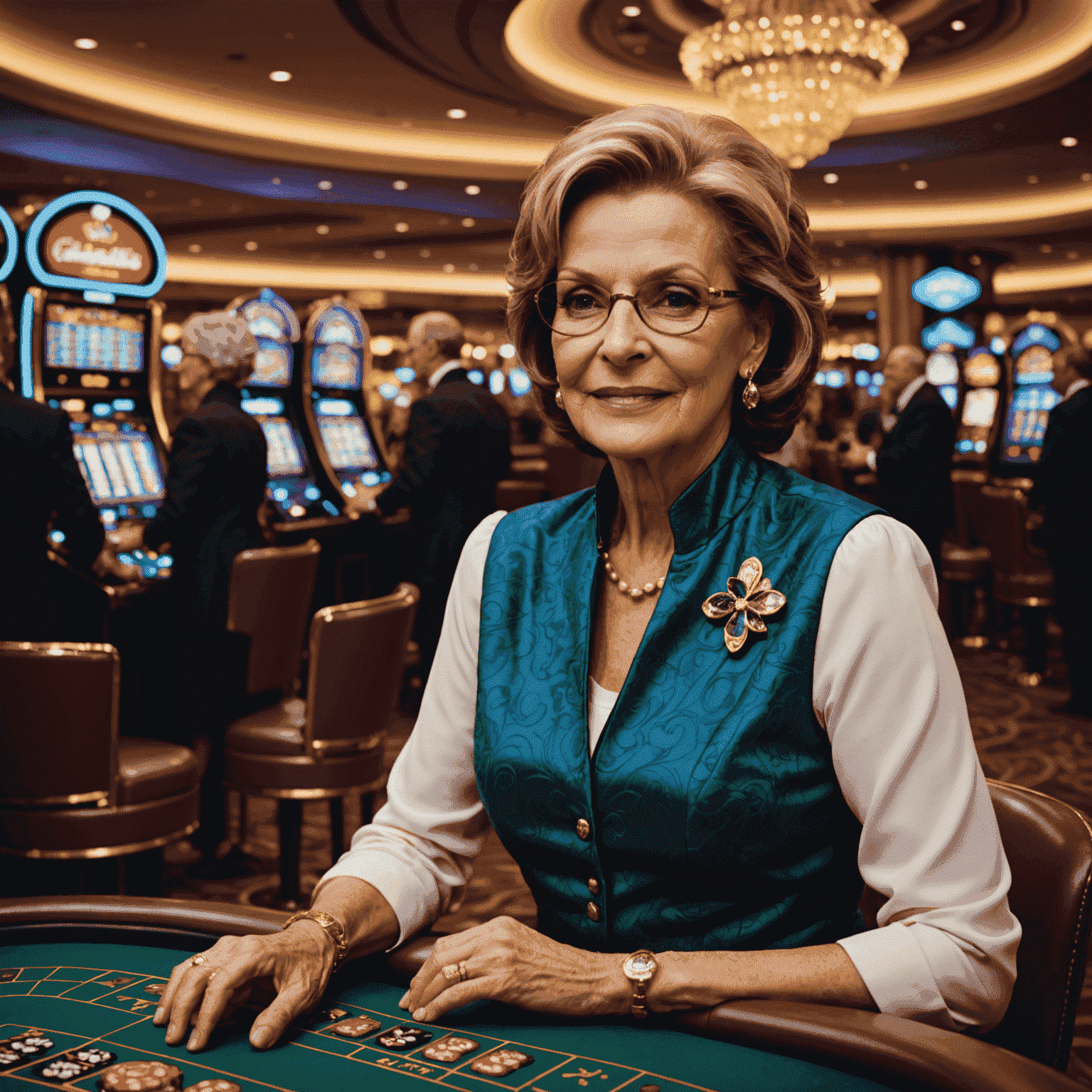 Elaine Dubois, a stylish woman in her 60s, interacting with other players in a virtual casino lobby setting
