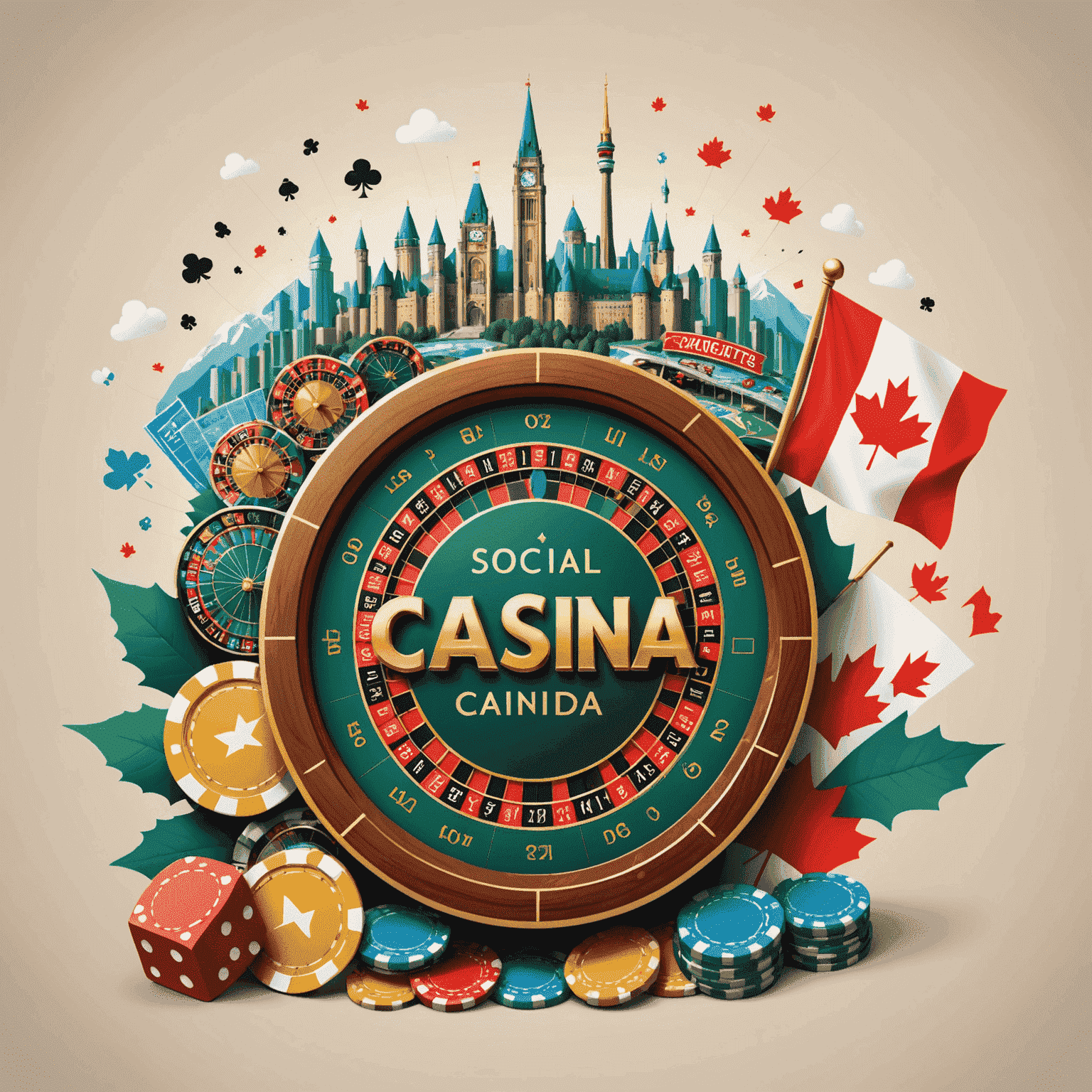 Graph showing the rising trend of social casino popularity in Canada, with icons of popular games and Canadian landmarks