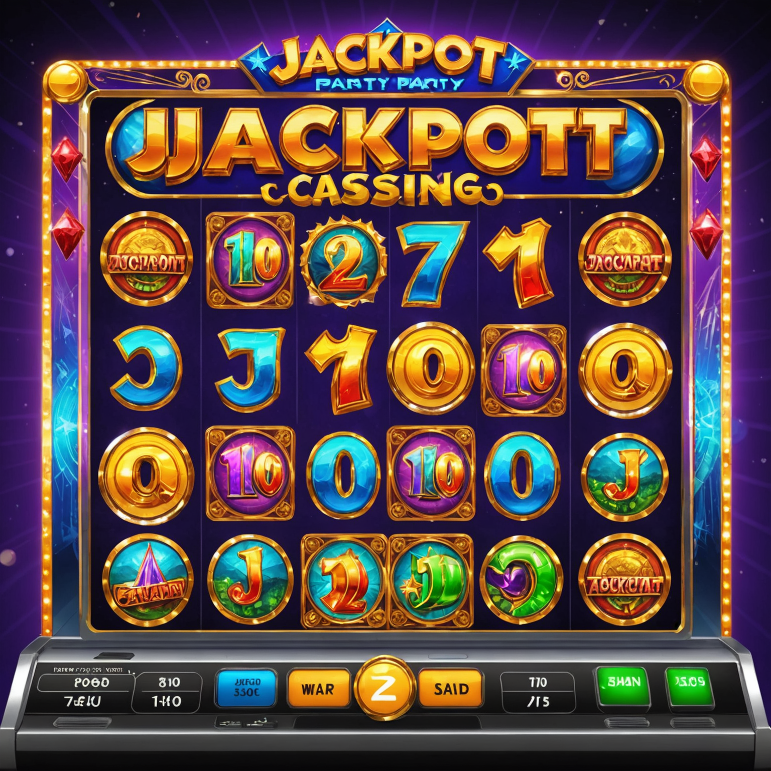 Jackpot Party Casino slot game with bright lights, progressive jackpot counter, and Canadian-inspired graphics
